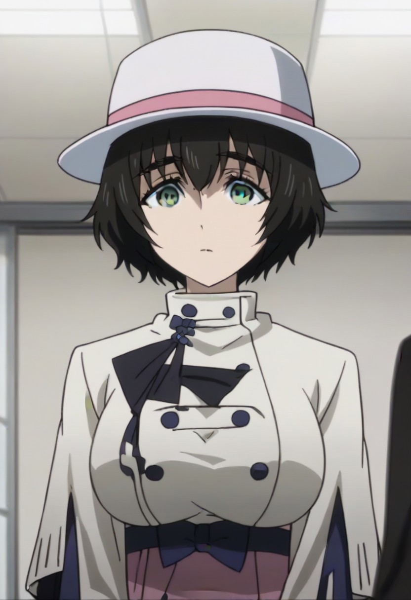 source_anime, official anime artwork, screencap, anime screencap, best quality, <lora:Mayuri_Shiina:1>solo girl, green eyes, thick eyebrows, Mayuri coat, white headwear, ,,,,,,,,,,,,,,,,,anime coloring, anime screencap, 1girl,Solo ,, anime,PUFFY nipple,huge breasts,,,official art, Uncensored ,Unedited ,,,,,,,,,,,,,,