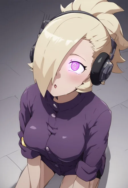 Ino hypnotized,
score_9, source_anime, lewd, 1girl, solo,
mind control, (whiteout eyes, pin point pupils),
kneeling, squeezing own breasts, slack jaw, large headphones,
Ino Yamana, hair over one eye, blonde hair, ponytail, purple shirt,