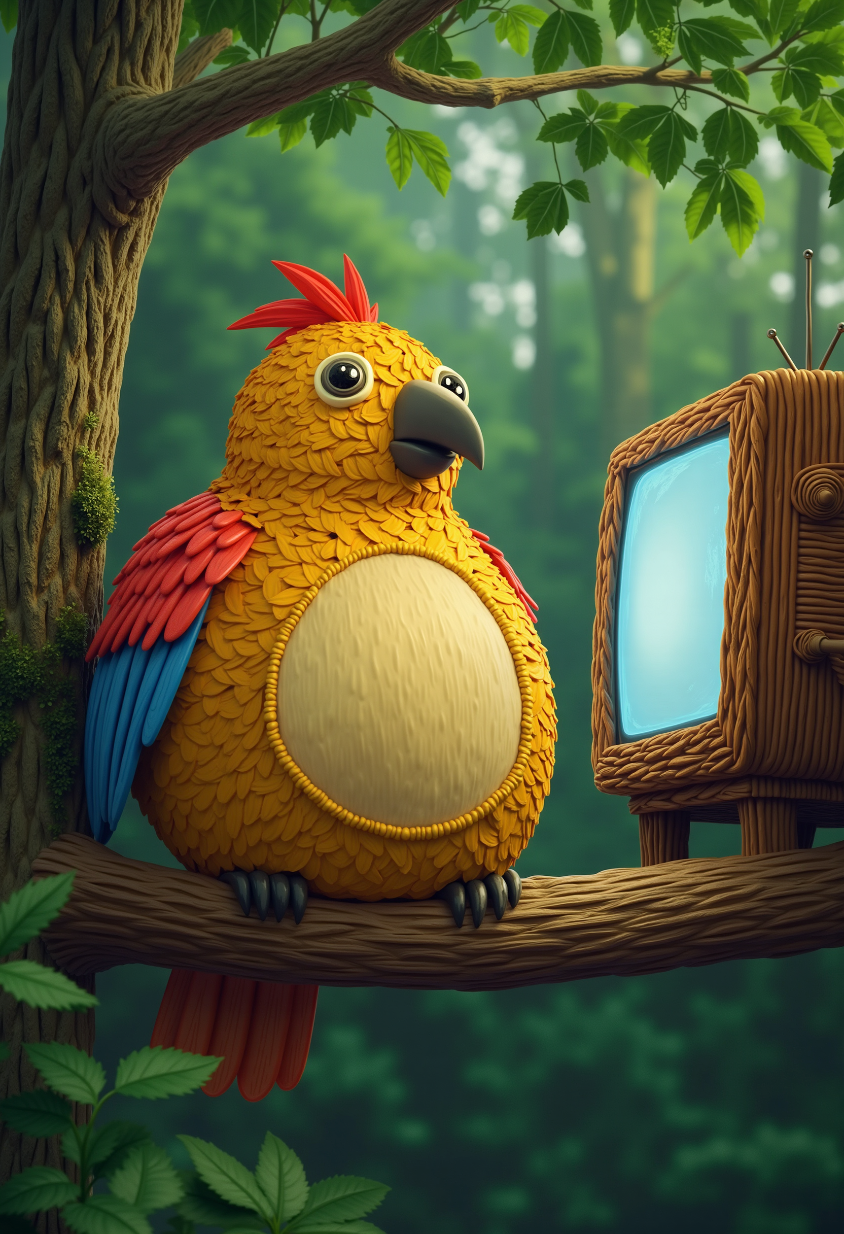 wkrstyle a fat bird, sitting on a tree branch, watching TV on the branch next to him, lush forest in the background 