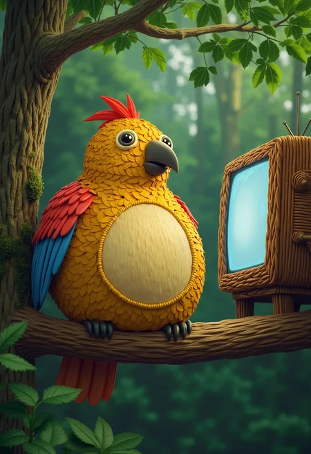wkrstyle a fat bird, sitting on a tree branch, watching TV on the branch next to him, lush forest in the background