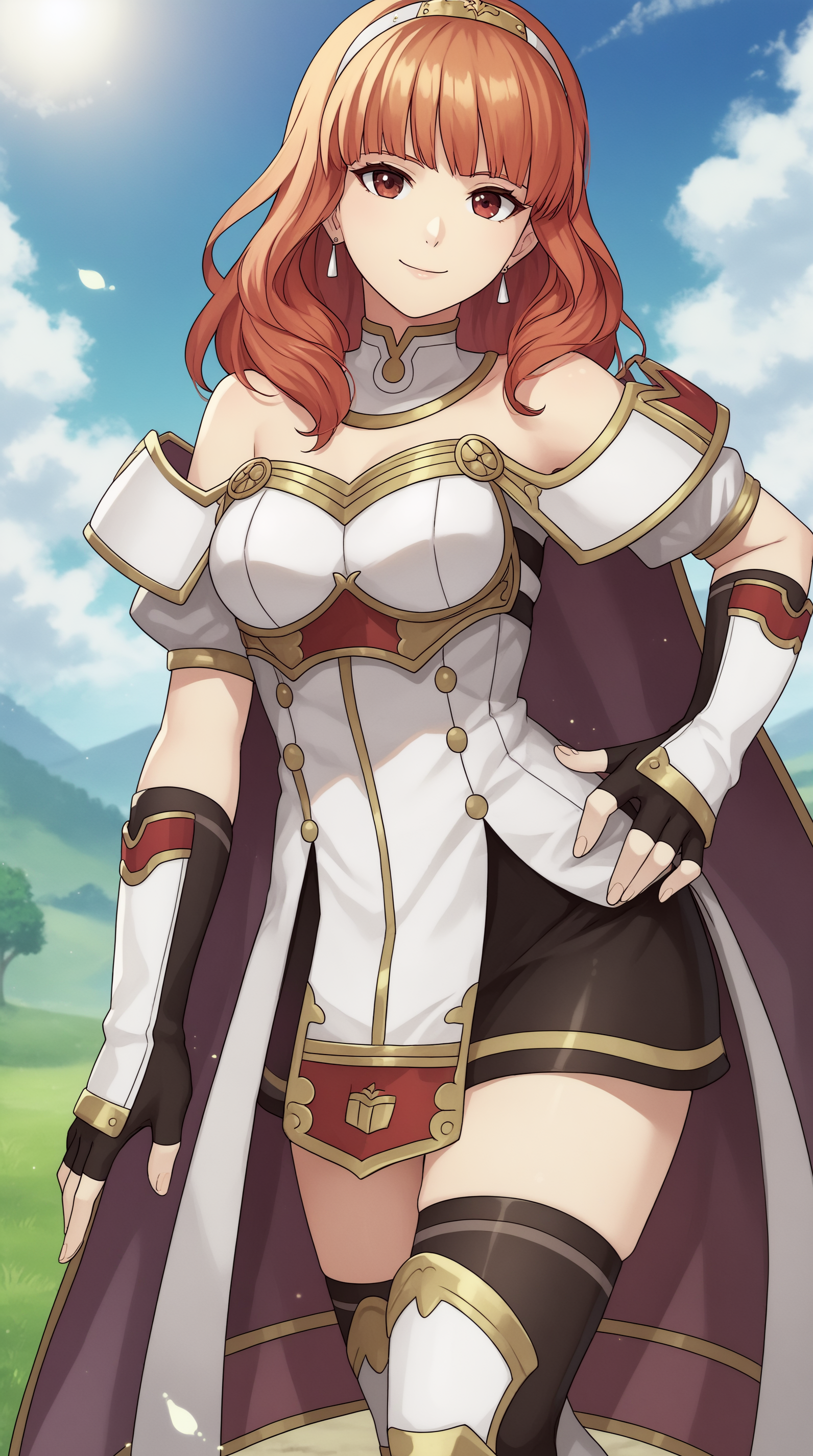 score_9, score_8_up, score_7_up,anime_source, source_anime, best background, detailed background, anime screencap, 4k, upscaled,  Celica Fire Emblem, Main Outfit, solo, looking at viewer, smile, hand on own hip, outdoors,  <lora:JN_Celica_Fire_Emblem_Pony:0.8>