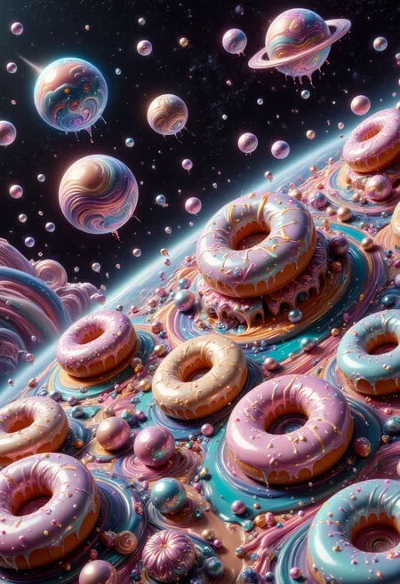 high quality, ultra detailed, colorful, abstract, fantasy. Planets in space made out of donuts, made out of iridescent jelly, ral-chrome<lora:FLUX\ral-chrome-flux.safetensors:0.8:0.8> <lora:FLUX\PinkieIridescentJellyFLUX.safetensors:0.8:0.8> <lora:FLUX\Enhancer\FluxDFaeTasticDetails.safetensors:0.6:0.6>