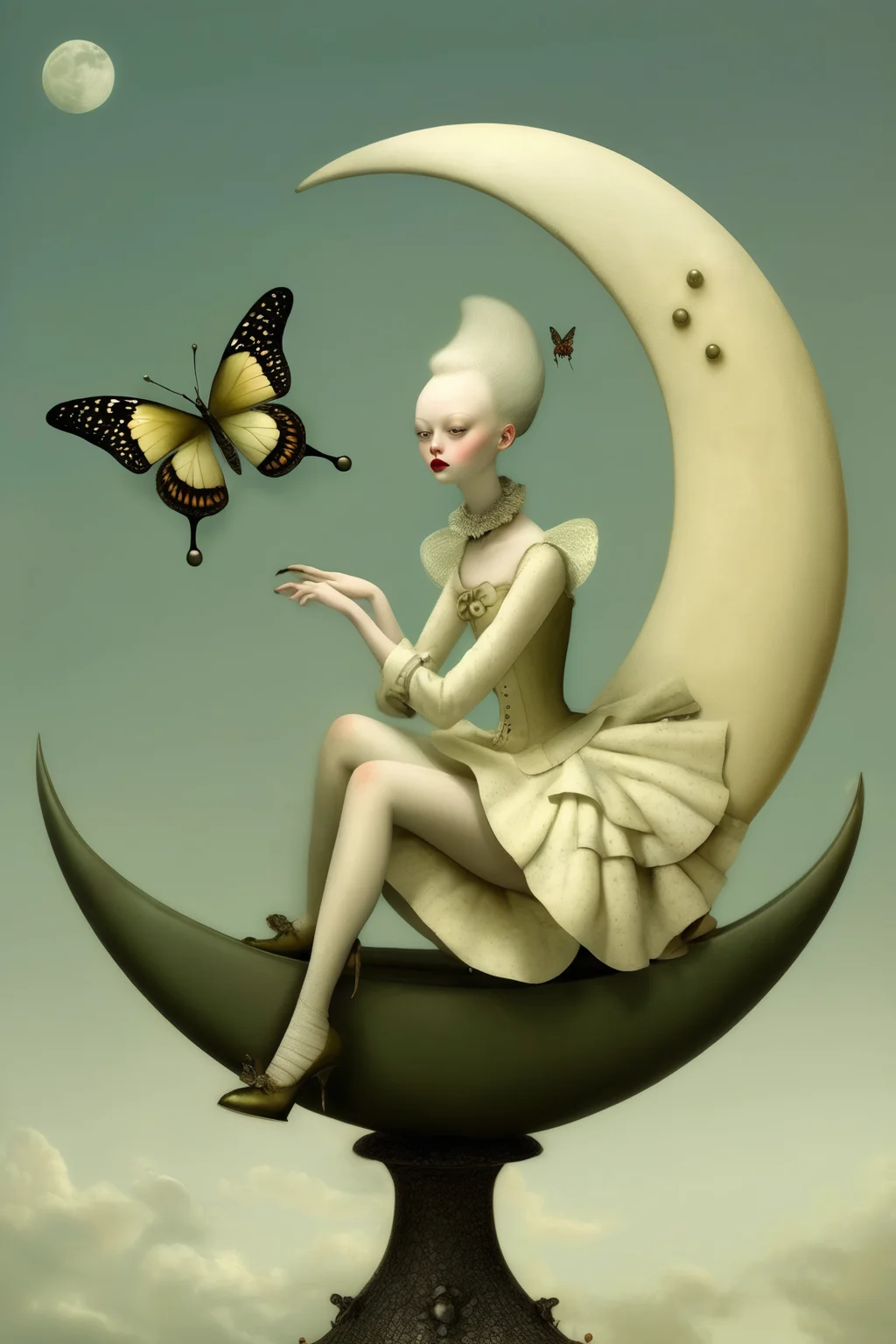<lora:Ray Caesar Style:1>Ray Caesar Style - A woman with butterfly wings sitting on a crescent moon