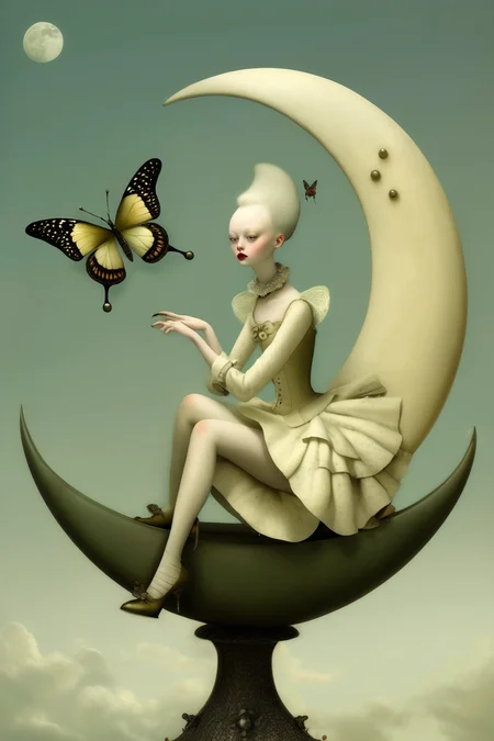 <lora:Ray Caesar Style:1>Ray Caesar Style - A woman with butterfly wings sitting on a crescent moon