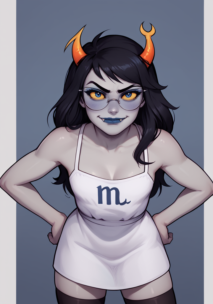 score_9, score_8_up, score_7_up, masterpiece,  , line art, portrait,  realistic,, detailed ,,  1girl, solo,  ,standing, looking at viewer,  mocking, smirk, closed mouth,  blue face blush, leaning forward,  downblouse, hands on hips,  , <lora:Vriska:0.8> ,  long hair, gray skin, black hair, yellow sclera, horns, blue lipstick, , fangs, lips, vriska serket,  blue eyes,  (grey_skin:1.1), colored skin , , glasses,  white dress, sundress,  black thighhighs,