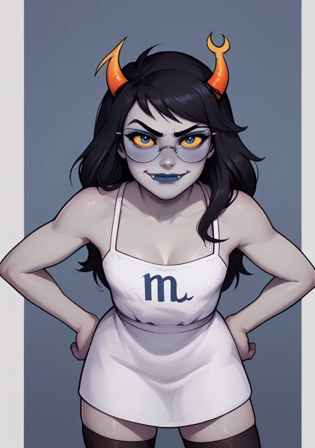 score_9, score_8_up, score_7_up, masterpiece, , line art, portrait, realistic,, detailed ,, 1girl, solo, ,standing, looking at viewer, mocking, smirk, closed mouth, blue face blush, leaning forward, downblouse, hands on hips, , <lora:Vriska:0.8> , long hair, gray skin, black hair, yellow sclera, horns, blue lipstick, , fangs, lips, vriska serket, blue eyes, (grey_skin:1.1), colored skin , , glasses, white dress, sundress, black thighhighs,