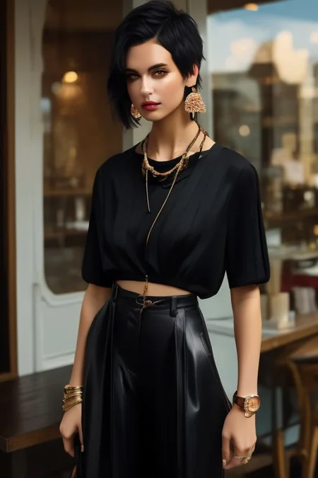 masterpiece, best quality, ultra detailed, perfect_eyes, bellissima, 1girl, pale skin, black shirt, brown pants, Armani style, very very short hair, black hair, earrings, chain necklace, wristwatch, cowboy_shot, theme dark