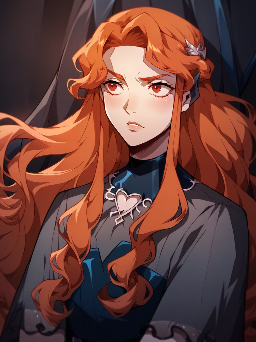 score_9, score_8_up, score_7_up, score_6_up, score_5_up,    <lora:LenoreXLP:1> lenore, 1girl, long hair, solo, orange hair, red eyes, gloves, blue dress