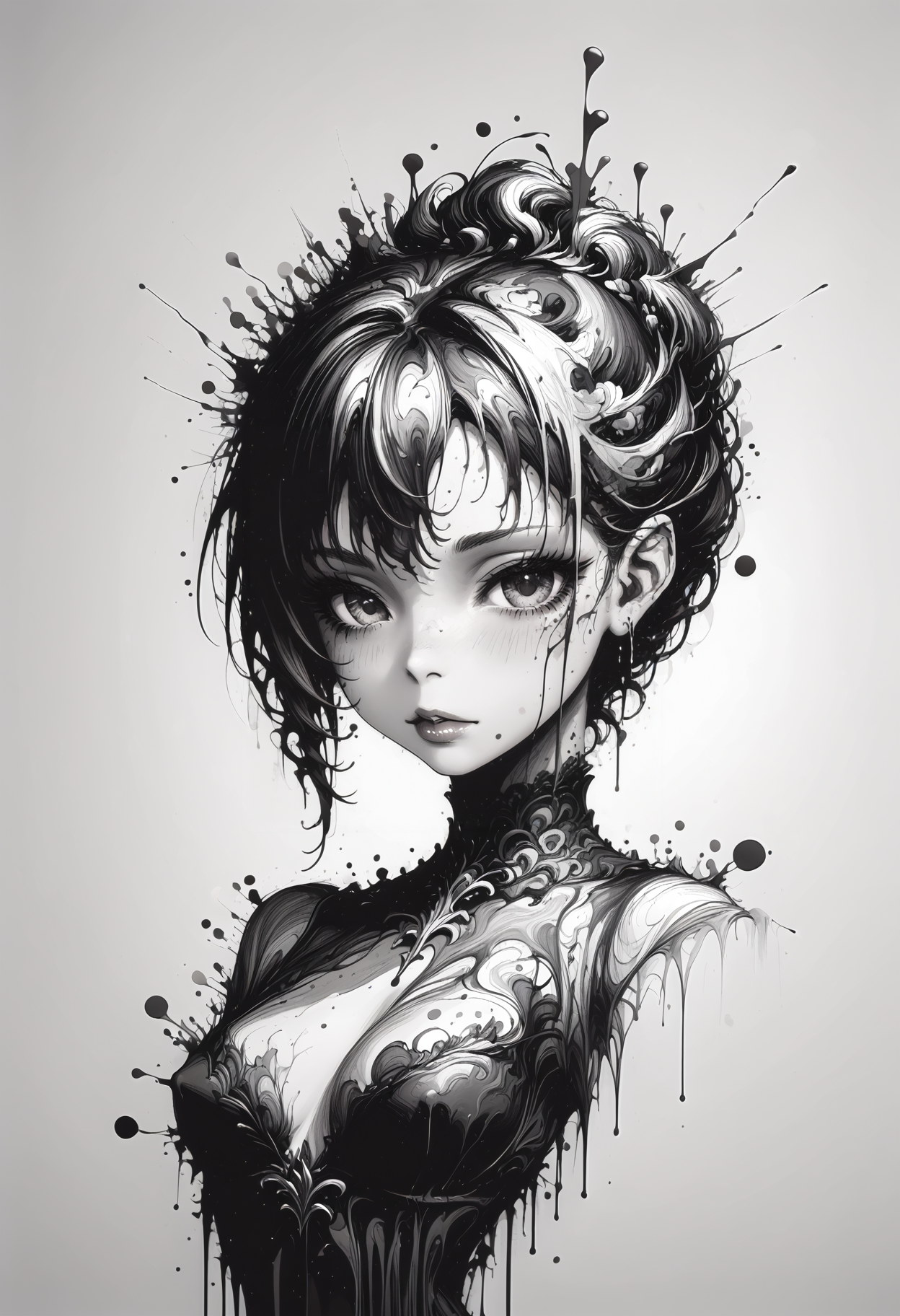 score_9, score_8_up, score_7_up, ultra details, high details, absurdres, masterpiece, best quality, 2k, 4k, very aesthetic, rating_safe, ink splats, ink splatter, A ultra-detailed 200mm lineart wide shot of Golem, set in A haunted victorian mansion shrouded in mist, a dynamic swimming pose and an silly expression. The scene is illuminated by dynamic chiaroscuro lighting, enhancing the intense atmosphere. shadows stretching unnaturally across the walls. The details are ultra-HD, with stunning textures, lifelike depth, and 8k quality.,  BREAK,
<lora:Ink_Splats:1.2>, <lora:add-detail-xl:1>, <lora:Pony_Stylized_Dark_Ambience_-_SDA:0.8>,  <lora:IncaseLycoXL:0.7>, <lora:OldAnimeStyle_XL_v3:0.5>,