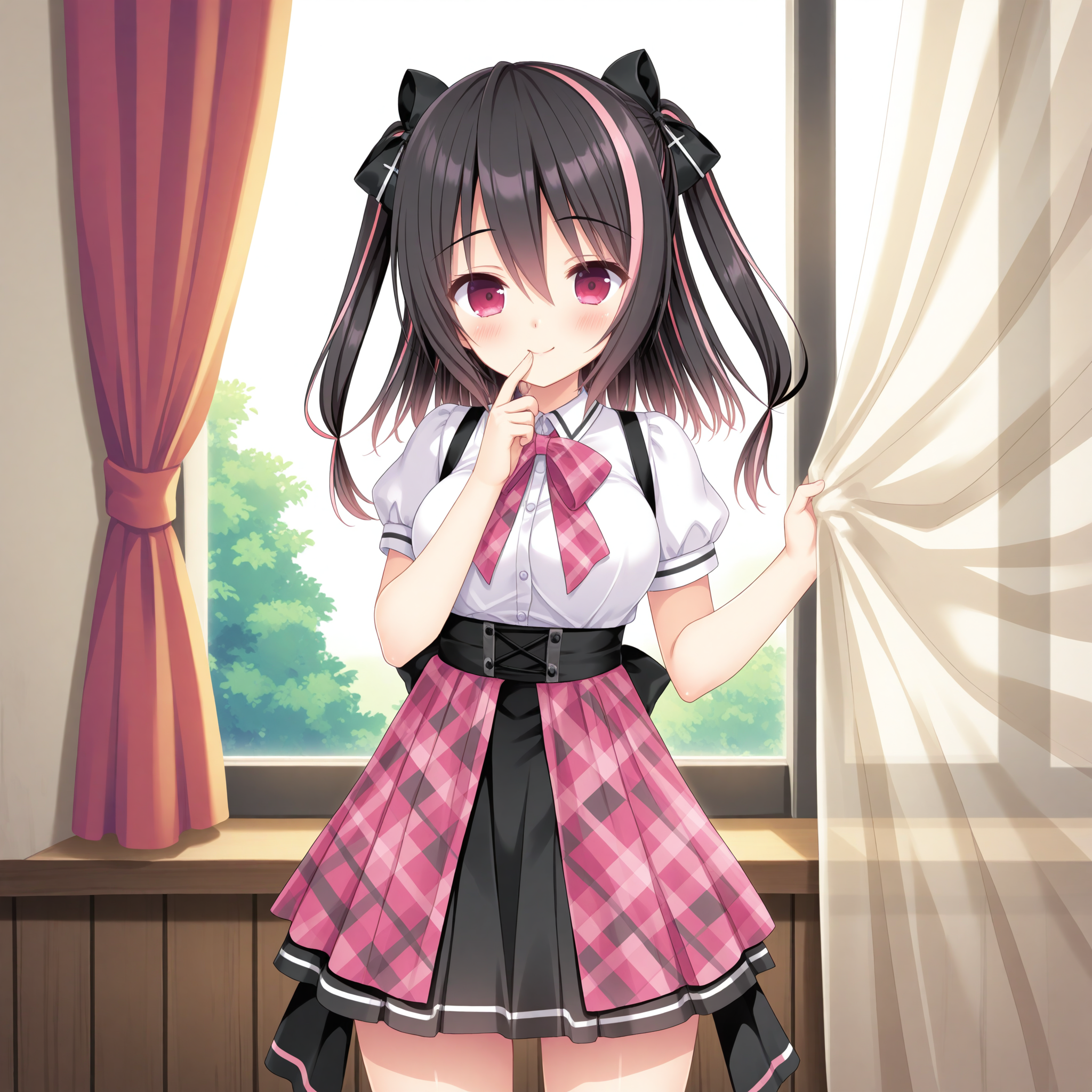 <lora:Otome_Kokoro_1_nai-000042:1>,Otome Kokoro,hair bow,two side up,two-tone hair,streaked hair,black bow,
school uniform,plaid skirt,white shirt,pink bowtie,pink skirt,black skirt,
BREAK
1girl,solo,smile,window,standing,curtains,curtain grab,looking at viewer,front view,cowboy_shot,finger to mouth,