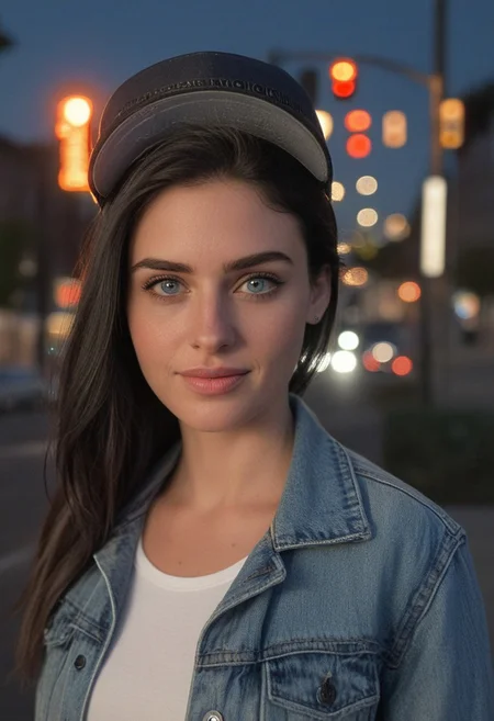 30yo woman holding an American flag.
Blue eyes. perfecteyes
Wearing Denim jacket trucker hat.
Long dark black slick back hair. No makeup. Dusk, Street light. Looking at camera POV. Slight smile, tilting head.. Tilt head.
Medium Close Up shot. Bokeh. Bokeh light.