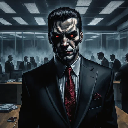 VtmArt, painting close up of a (vampire:0.4) man in a suit in a corporate office at night, <lora:VtmArt:1>, (masterpiece:1.3), at night, cinematic lighting, intricately detailed, high quality, dramatic atmosphere