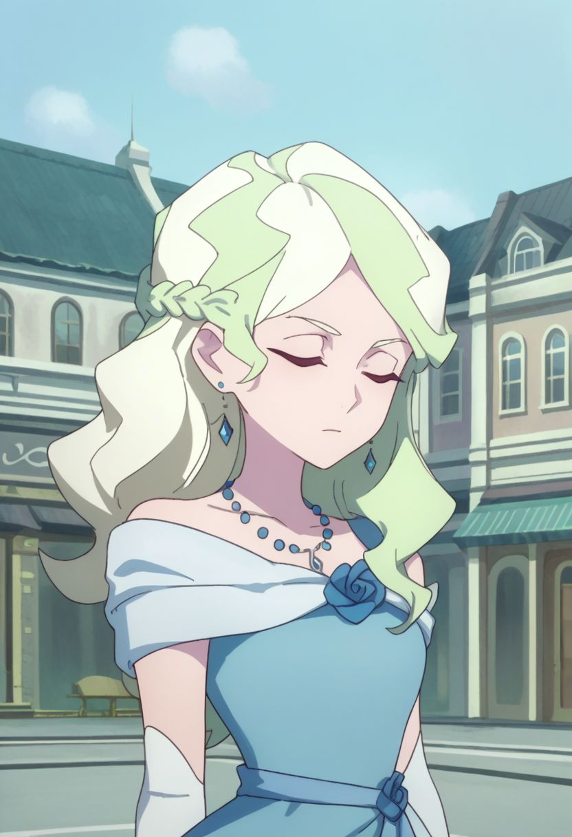 score_9, score_8_up, score_7_up, source_anime, highly detailed, 
diana, 1girl, closed eyes, jewelry, dress, solo blonde hair, necklace, long hair, parody,
multicolored hair, earrings, elbow gloves, blue dress, formal, light green hair,
flow,
outdoor,