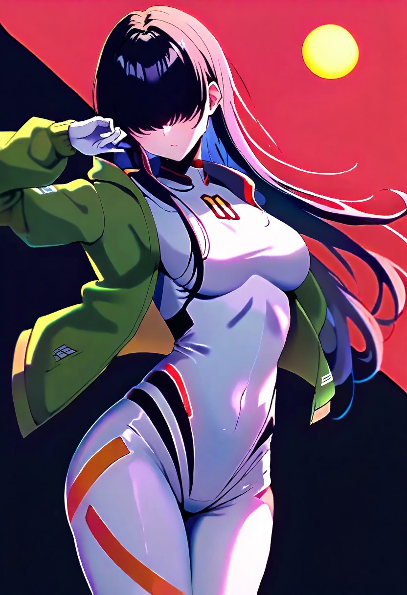 long hair, black hair, bangs, hair over eyes, black, 1girl,solo,cowboy shot,,ruanyi0812,white bodysuit,skin tight,science fiction,green jacket,open jacket,spacesuit,red background,<lora:0812 TheFirstDescendant Clothing_v1_pony:1>, score_9,score_8_up,score_7_up,,8k,1girl,solo, yellow sphere on the background