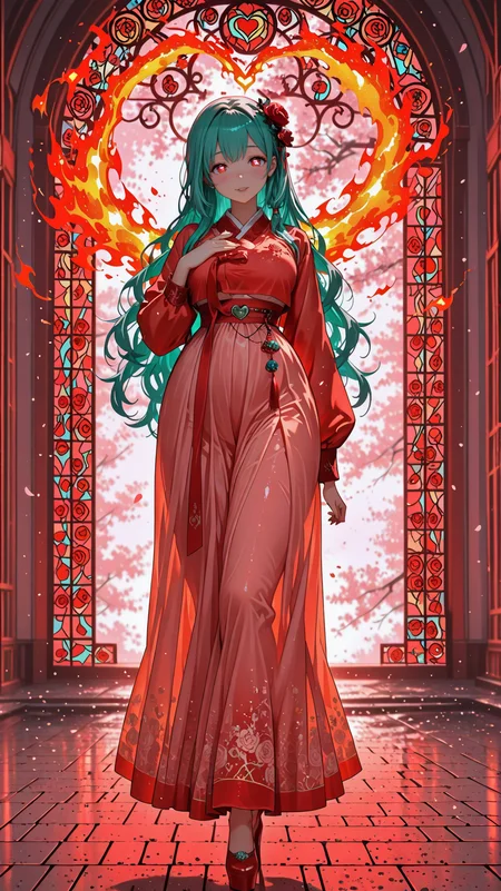 IllusP0s_1097608, (masterpiece), (best quality), (ultra-detailed), amazing quality, very aesthetic, illustration, perfect composition, intricate details, absurdres, incredibly absurdres, BREAK,
hot attractive girl , Romance,a couple falling in love during a road trip,pink flower, happy valentine, valentine,cherry blossoms, a woman discovering her true love was right in front of her all along,true love,love aura,pink light, (full body shot , from behind) of two lovers cuddling, detailed face, detailed hands, detailed eyes, located in a romantic scene at a beautiful bridge over a tranquil river during early morning with mild weather, illuminated by warm glow, creating a dreamy atmosphere,
,see-through cleavage, solar-powered belt buckle,midday,red light ,enchanting atmosphere,heart,(many flaming heart):1.5, heart-shaped pupils, love,(hanbok,korean clothes,clothed underbust,hanfu),ribbon,,love symbol, floating heart, heart circle, hip armor, pink , many red rose,
she has very long hair,hair censor,(wavy hair:1.2, ),aqua hair,low-tied long hair, hair tubes ,
<lora:Heel_up_pose:1> heel up,<lora:Anime_Aesthetic_Wallpaper_Style_IllustriousXL:1> aniwall, anime, aesthetic, 8k wallpaper, detailed
<lora:NSFWFilter_illusXL_Incrs_v1:-1>,(stained_glass,stained_glass_print,sglass style),hand on another's chest