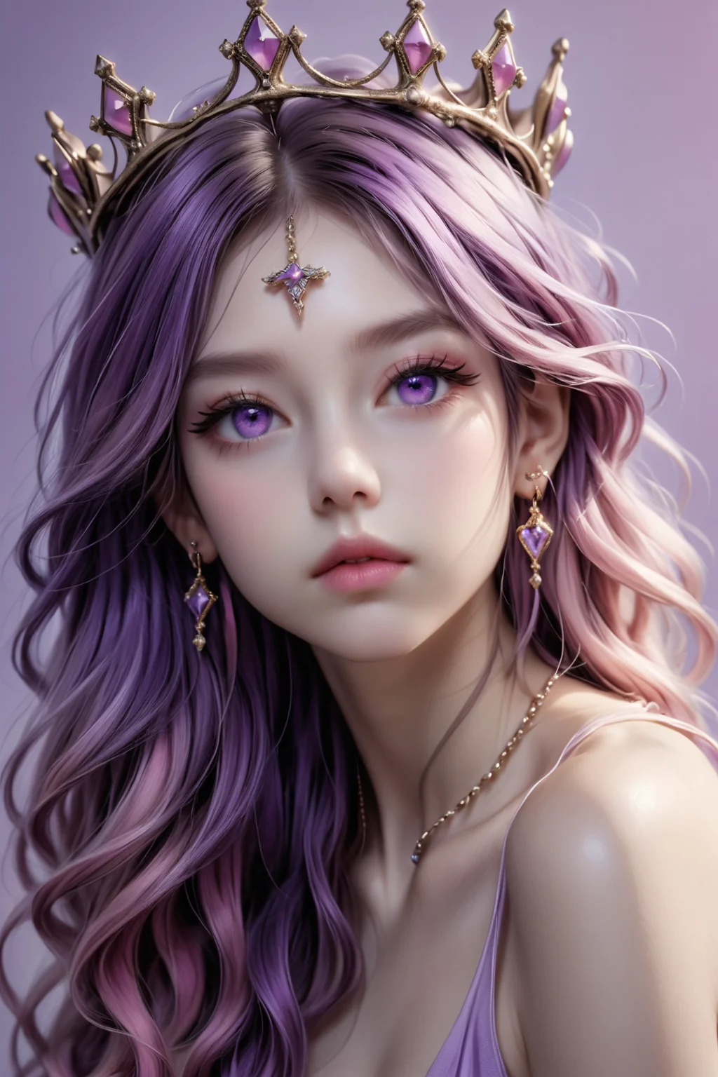 A captivating portrait of a single girl with mesmerizing features. She sits solo, her long, flowing hair cascading down her back like a river of multicolored hues - pink and purple locks intertwined, with delicate bangs framing her heart-shaped face. Her piercing purple eyes seem to hold the viewer's gaze, one eye partially closed as if lost in thought. A crown adorned with gemstones rests upon her head, drawing attention to her parted lips, painted a subtle shade of pink. The focus is on her regal presence, set against a simple yet elegant background that allows her beauty to take center stage. The subtle sparkle from her earrings and the liquid-like flow of her hair only add to the allure of this enchanting portrait.
, tattoos