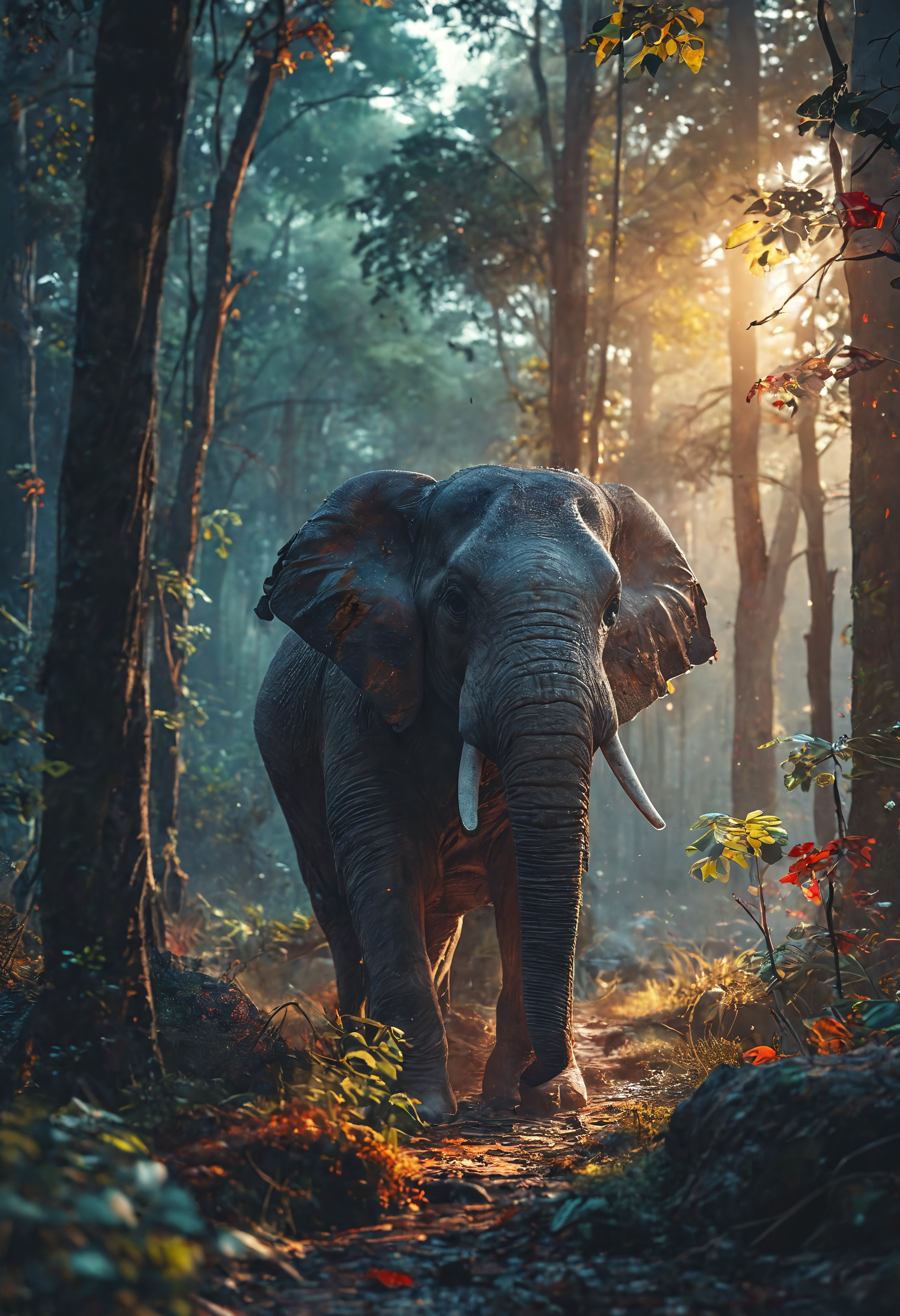 Elephant, in dense forest, vibrant, colorful, cinematic lighting, 8k <lora:add-detail-xl:1> <lora:MJ52:0.5>