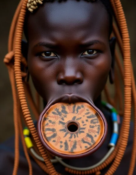 a Murs1 woman, showcasing her distinct facial features and traditional adornments. Her skin is a rich, deep brown, with high, prominent cheekbones and a broad, flat nose, emphasizing her striking natural beauty. Her piercing gaze exudes strength and wisdom, a reflection of her cultural resilience. Her ears are adorned with intricately designed wooden or clay plugs, extending her earlobes in traditional style. Around her neck are multiple layers of carefully hand-strung, colorful beaded necklaces, each bead telling a story of heritage and identity. Her hair is styled in short, tight braids coated with organic mud and natural pigments in earthy ochre tones. The iconic large ceramic lip plate (dhebi a tugoin) accentuates her appearance, decorated with fine hand-painted patterns symbolizing Murs1 artistry. Every detail, from her facial features to her traditional jewelry, is rendered in highly realistic textures and vibrant detail, capturing the essence of her identity within the cultural context.
<lora:mursi:1>, beautiful light set up, dynamic range lighting, RAW candid cinema, 16mm, color graded portra 400 film, remarkable color, ultra realistic, textured skin, remarkable detailed pupils, realistic dull skin noise, visible skin detail, skin fuzz, dry skin, shot with cinematic camera