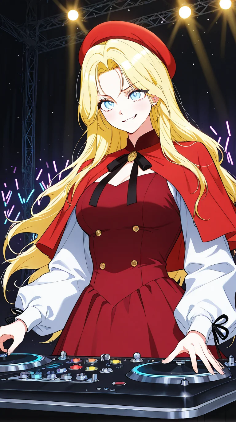 masterpiece,best quality,amazing quality, newest, high res, clean lines, thick lines
1girl, solo, il_elena, blue eyes, blonde hair, long hair, medium breasts, red capelet, black ribbon, red dress, long sleeves, white sleeves, red beret,
smirk, in night club, rave, music, colorful lights, playing a cdj panel and turning knobs in a mixer, turntables, laser lights, neon,