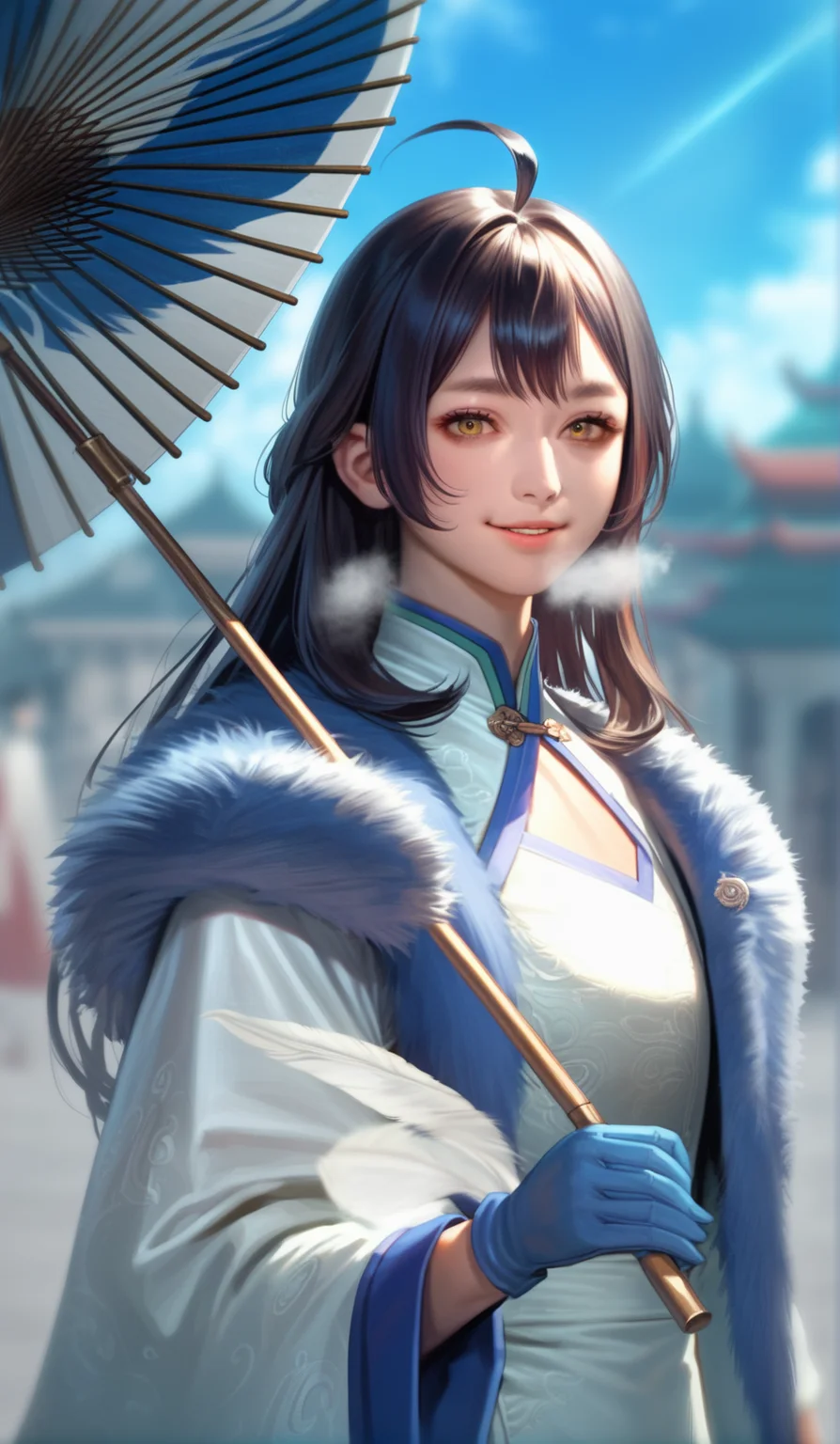 score_9,score_8_up,score_7_up,
<lora:xinxianying:0.9>,xinxianying,
highres,photorealism,bloom,
1girl,solo,long black hair,bangs,ahoge,
yellow eyes,looking at viewer,parted lips,smile,steam,
white and cyan gown,fur cape,blue gloves,
upper body,holding blue oil-paper umbrella,
blurry background,
outdoors,blue sky,cloud,feathers in the background,
light particlest,Lens Flare,