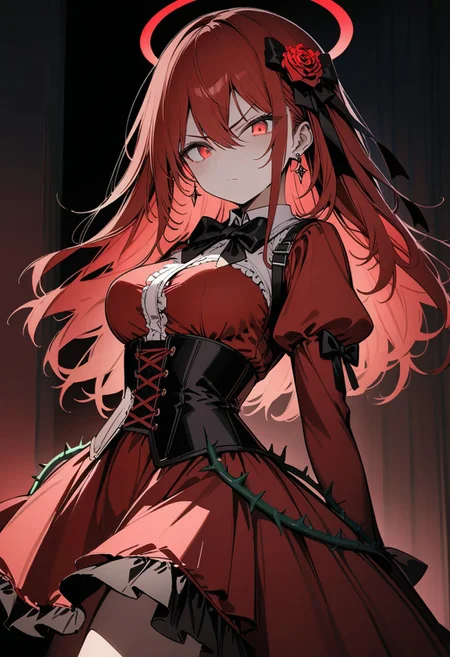 masterpiece, best quality, illustration, tekito midori, (((detailed lighting, rendered, perfect hair, detailed face and body))) 1girl, solo, long hair, breasts, looking at viewer, bangs, large breasts, red eyes, long sleeves, dress, bow, hair between eyes, jewelry, closed mouth, flower, red hair, cowboy shot, earrings, puffy sleeves, bowtie, v-shaped eyebrows, black bow, glowing, rose, halo, arms behind back, red dress, juliet sleeves, red flower, corset, red rose, underbust, vines, red theme, thorns