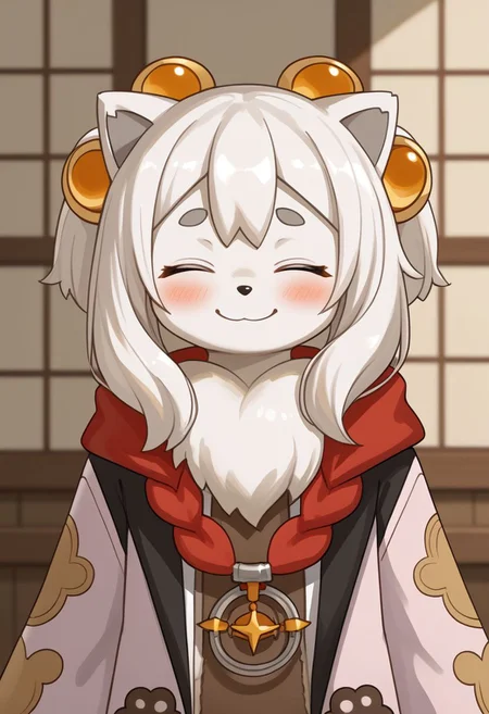 (absurdres), (highest_quality), (masterpiece), fini_(world_flipper), furry, kemono, anthro, 1girl, solo, closed eyes, blushing, grinning, smiling, flat chest,