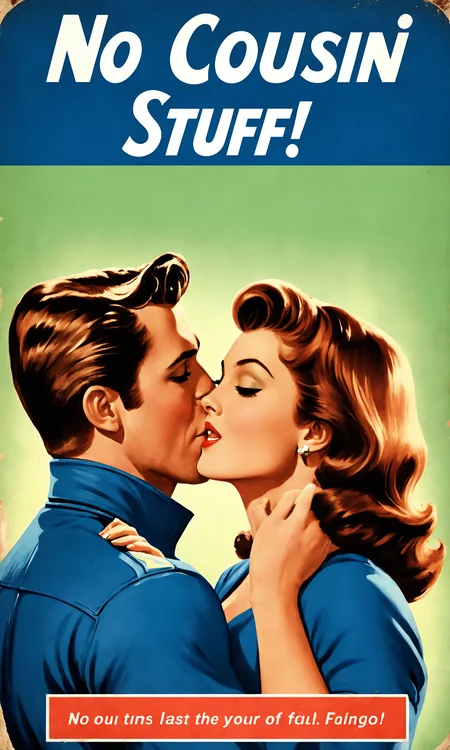 text "No Cousin Stuff!", movie poster of a man and woman kissing, falloutpostsdxl,<lora:falloutpostsdxl:0.8>, 1960s \(style\), blue jumpsuit,