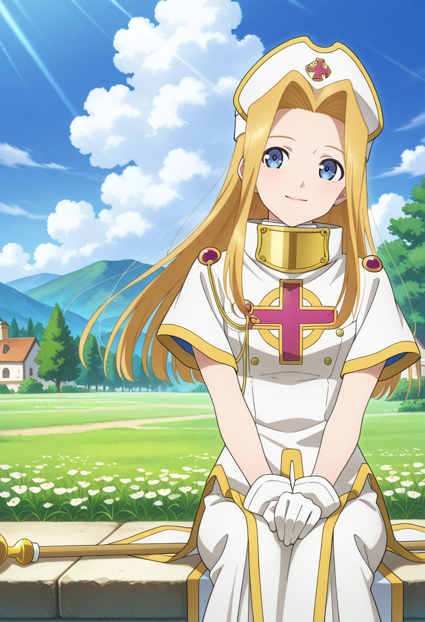 village, trees, clouds, day, flowers,
BREAK,
light smile, sitting, looking away,
cowboy shot, upper body,
BREAK,
<lora:minti_illustriousXL_v04:0.95>
mintbase, blonde hair, long hair, blue eyes, parted bangs, white cap, white headwear, 
white dress, short sleeves, white gloves, priestess, cleric, white robe, gold trim, high collar, 
white footwear, white shoes, 
holding staff, staff, mintstaff,, source_anime, very aesthetic, anime coloring, masterpiece, 
best quality, amazing quality, ultra detailed, very aesthetic, 
detailed background, 
BREAK,