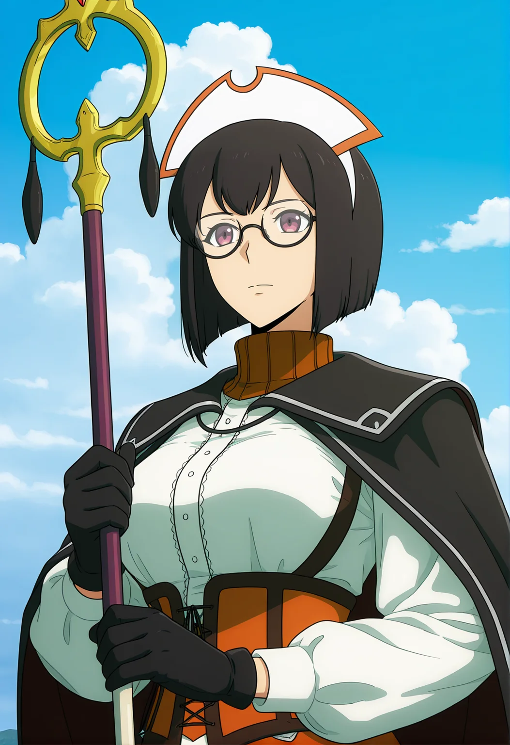 <lora:Lee Bora_illustrious-000038:1>,
Lee Bora,cape,gloves,glasses,sky,staff,holding,cloud,black gloves,holding staff,blue sky,closed mouth,day,weapon,bob cut,long sleeves,outdoors,1girl,solo