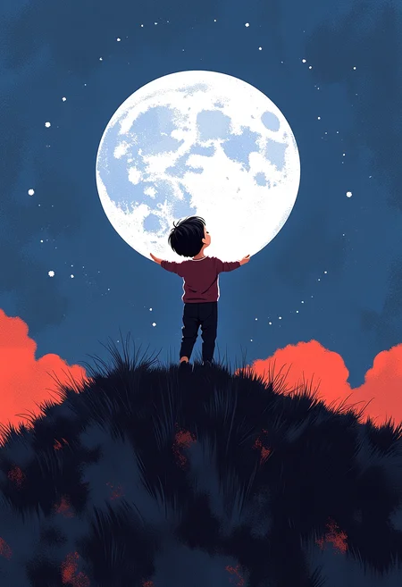 A little boy on a hill holding up the moon, Atey Ghailan Style