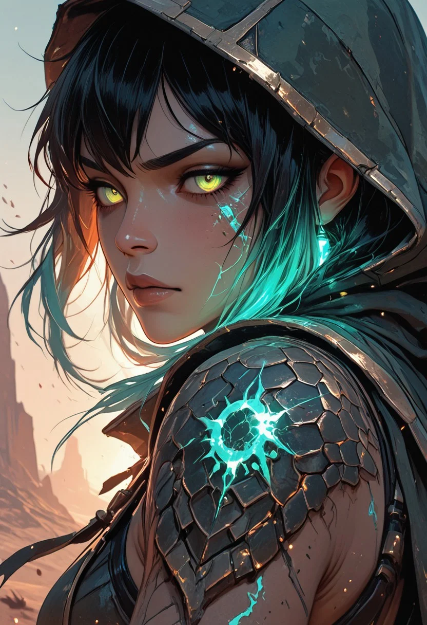 (masterpiece), (best quality), (8k), 1girl, cinematic lighting, dynamic action pose, mid-motion, desert setting, glowing heat haze, sun rays cutting through sand dust, monster scale armor, intricate textures, two-tone hair flowing in wind, intense expression, axe mid-swing, muscular build, determined face, cloak flaring behind, ambient particles in air, golden hour glow, cracked sandstone terrain, tribal hunter aesthetic, mid-leap or mid-charge, motion blur on background, focused eyes, golden energy, golden magic, golden trim,
Close up, closeup,