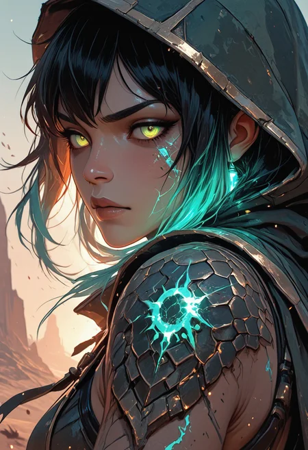 (masterpiece), (best quality), (8k), 1girl, cinematic lighting, dynamic action pose, mid-motion, desert setting, glowing heat haze, sun rays cutting through sand dust, monster scale armor, intricate textures, two-tone hair flowing in wind, intense expression, axe mid-swing, muscular build, determined face, cloak flaring behind, ambient particles in air, golden hour glow, cracked sandstone terrain, tribal hunter aesthetic, mid-leap or mid-charge, motion blur on background, focused eyes, golden energy, golden magic, golden trim, 
Close up, closeup,