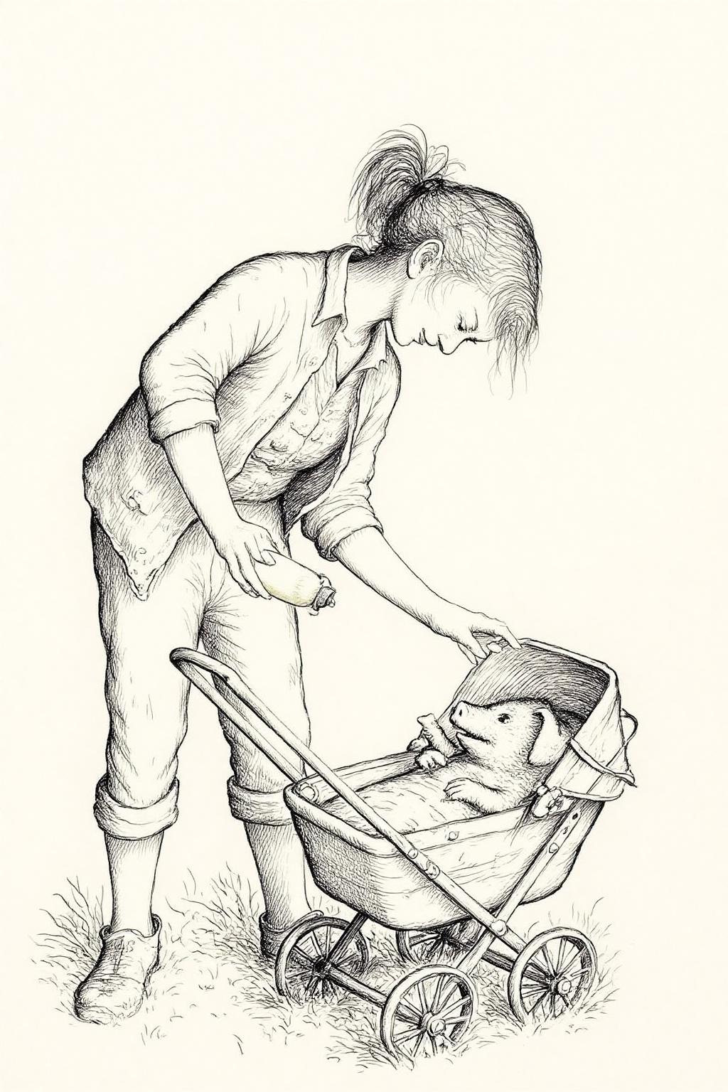 gawi1 illustration. 
A tender moment between a young young and a small small baby piglet. The woman, with her hair tied up in a loose ponytail, is dressed in casual, comfortable clothing: a long-sleeved shirt, rolled-up pants, and worn shoes. She is holding a baby bottle and is looking down at the piglet in a baby carriage.
 <lora:gawi1_cap_d6a3e12:1.0><lora:827360393988027287:0>