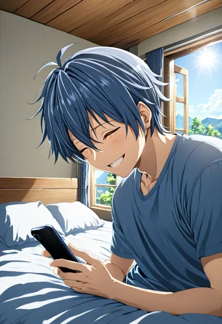 high resolution, solo, best quality, 1Boy, Tomoya Okazaki, Grey Blue Hair, holding smartphone, t-shirt, on the bed, sunny day, window, smile, open eyes, side view, sit, nap, indoor, bed room, OverallDetail