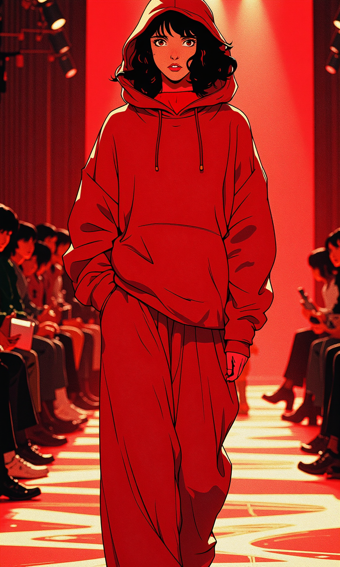 beautiful female model, oversized red hoodie, sweatpants, runway, Paris Fashion Week, minimalistic design, high neck collar, oversized silhouette, wide leg pants, red color palette, soft lighting, 
BREAK anime, OBdonman, d13s3lp2nk,