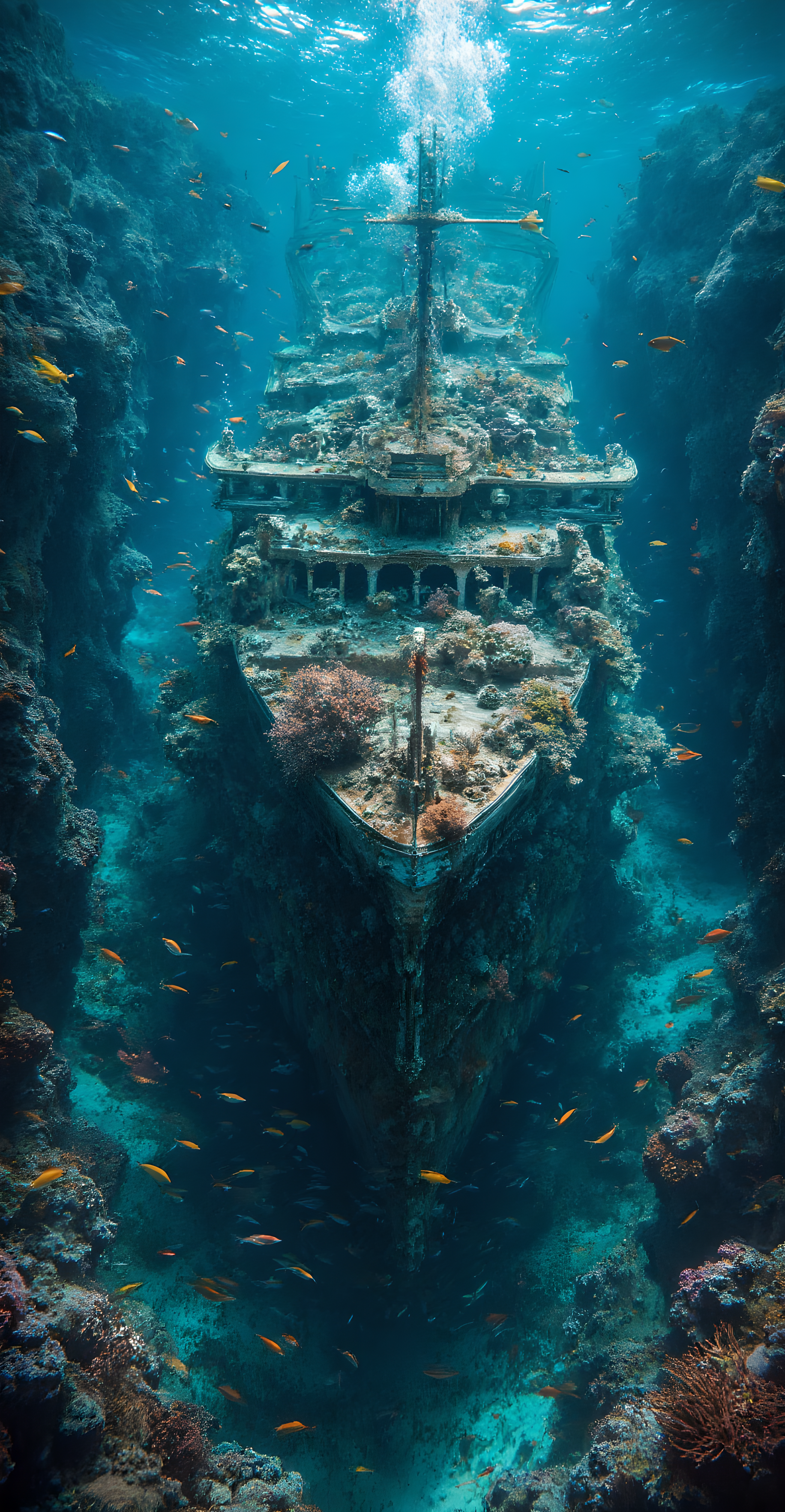 Ultra-high resolution fantasy art, 
A beautiful coral reef has formed on the remains of a decaying destroyed in places passenger ship that sank into the deep sea, and beautiful tropical fish swim around it. The remains of the passenger ship are completely attached to the bottom of the ocean. The wreckage is so dilapidated that it is unrecognizable as a passenger ship. The deep sea is a deep seabed, passenger ship, The passenger ship was so huge that only the shape remain as wreckage.
Many deep sea fish and beautiful tropical fish decorate the wreckage. A sad atmosphere, A realistic depiction of the remains of a passenger ship, Beautiful fantasy landscape of the deep sea,
Beautiful and realistic depictions of tropical and deep sea fish, A shot of the remains of a passenger ship, (Ultra HD, Masterpiece, Best Quality, 4K, 8k), Ultra Detail, Ultra-fine painting,High-quality 3D rendering. Dramatic Lighting,Professional photography resolution,Award-winning