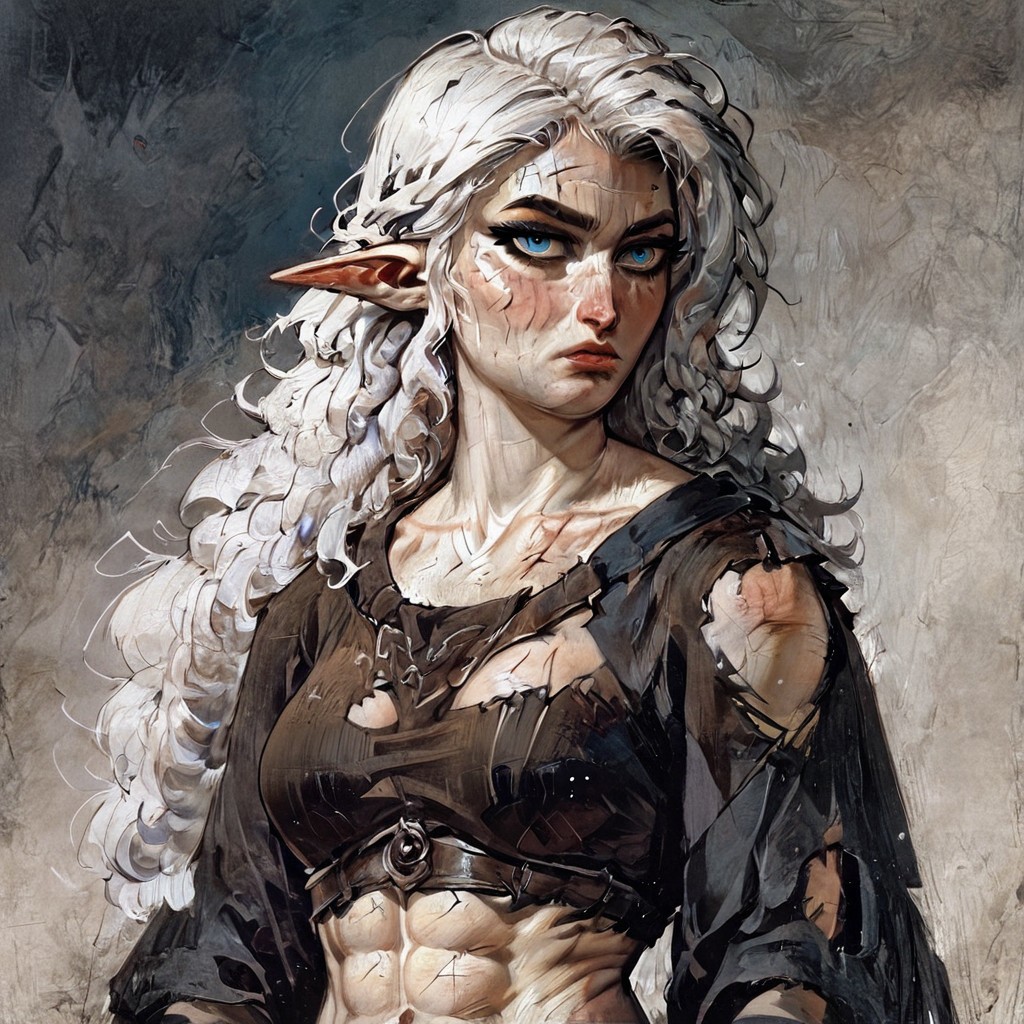 score_9, score_8_up, 
score_9, score_8_up, (((white skin))), (pale skin), (alabaster skin), white hair, blue eyes, muscular, female, fit, visible abs, medium breasts, elf, linen shirt, torn linen shirt, elf ears, pointy ears, pony tail, messy hair, very pale skin, solo female, 1 female, 1 character, completly white skin, pale, white, wavy hair, adult, beautiful, seductive, clothed, masterpiece, fantasy, scar on face, scar on eye, bruised, toga, abs, visible abs, braided hair, medival cloathes, medival, robe, toga