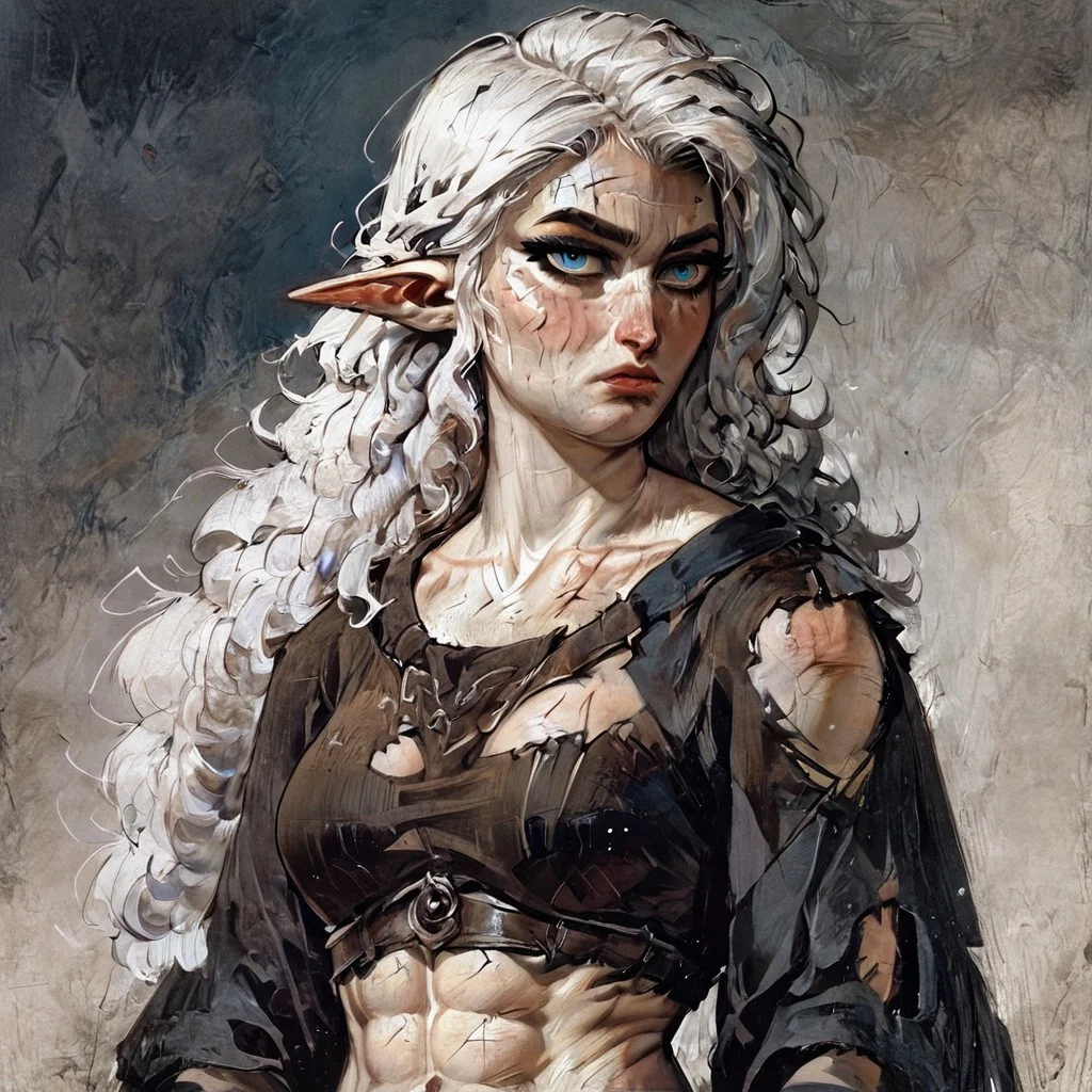 score_9, score_8_up,
score_9, score_8_up, (((white skin))), (pale skin), (alabaster skin), white hair, blue eyes, muscular, female, fit, visible abs, medium breasts, elf, linen shirt, torn linen shirt, elf ears, pointy ears, pony tail, messy hair, very pale skin, solo female, 1 female, 1 character, completly white skin, pale, white, wavy hair, adult, beautiful, seductive, clothed, masterpiece, fantasy, scar on face, scar on eye, bruised, toga, abs, visible abs, braided hair, medival cloathes, medival, robe, toga
