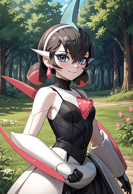 score_4,score_5,score_6,score_7_up,score_8_up,score_9 ((masterpiece,best quality,ultra detailed,highres,HD,4k:1.2)),
1 girl,solo,face focus,
((ironvaliantsv,pokemon (creature), solo,colored skin, white skin:1.2)),
short hair,black hair,multicolored hair,Inner color pink hair,blue eyes,tattoo,black head gear,earrings,small breast,
outdoors,in the forest,day,
standing,
smile,.blush,light smile,