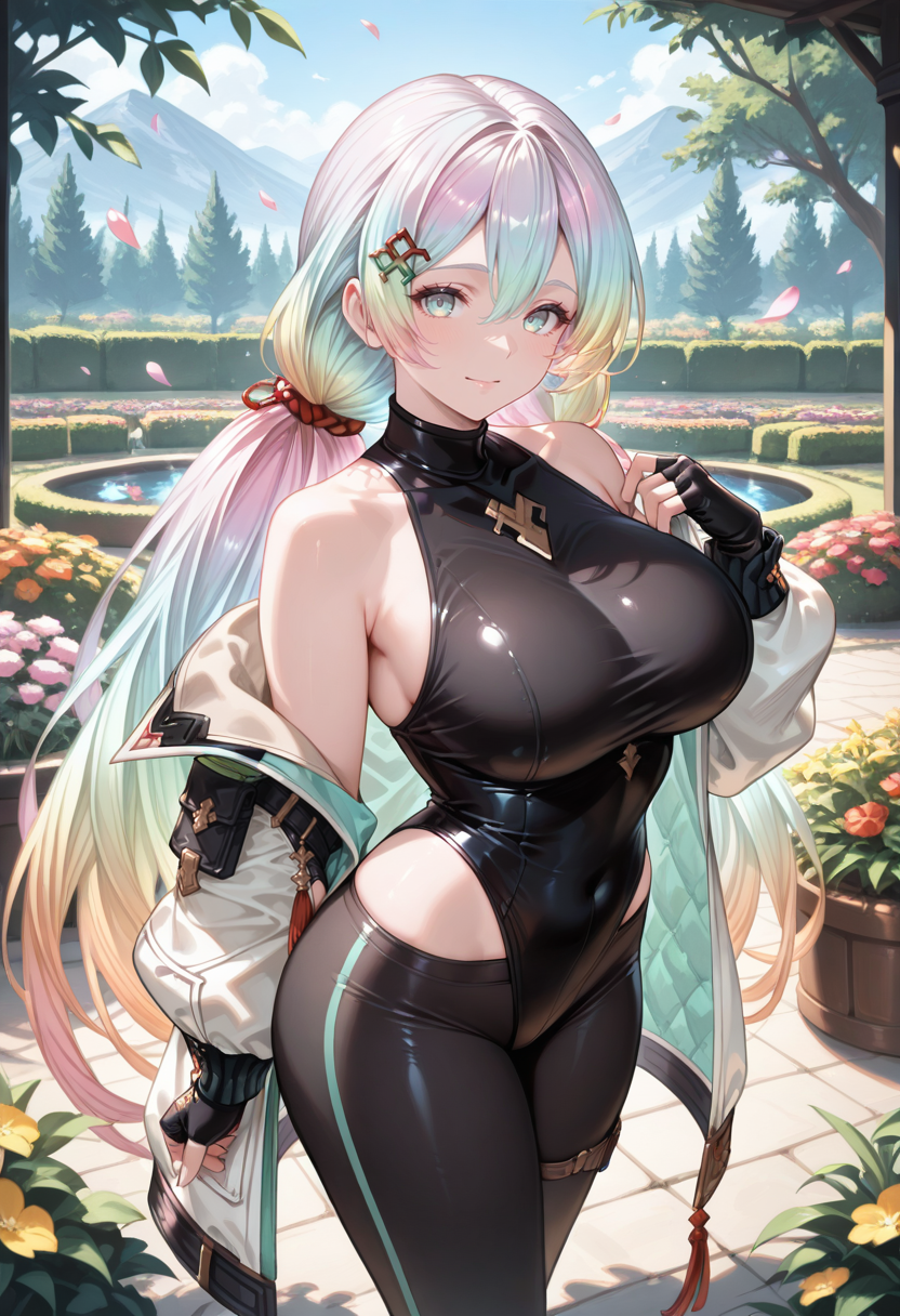 masterpiece, newest, absurdres, best quality, hires, 1girl, cupitan \(granblue fantasy\), looking at viewer, floating petals, outdoors, garden, leotard, leggings
