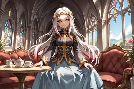 score_9, score_8_up, score_7_up, source anime, BREAK, <lora:Maxwell:0.8> , mxwdef, 1girl, colored sclera, black sclera, yellow eyes, white hair, long hair, multicolored hair, (red highlights), circlet, black dress, black sleeves, gold trim, blue sarong, sarong, see-through sarong, cowboy shot, looking at viewer, scenery, interior, living room, sitting in chair, tea, tea set, table in front of girl, church, garden, <lora:backgroundsetXL:0.2> , background, (solo), smile, <lora:hand 4:0.45> , Hand, hands, perfect hands, <lora:04kXLP:0.6> , 04k,