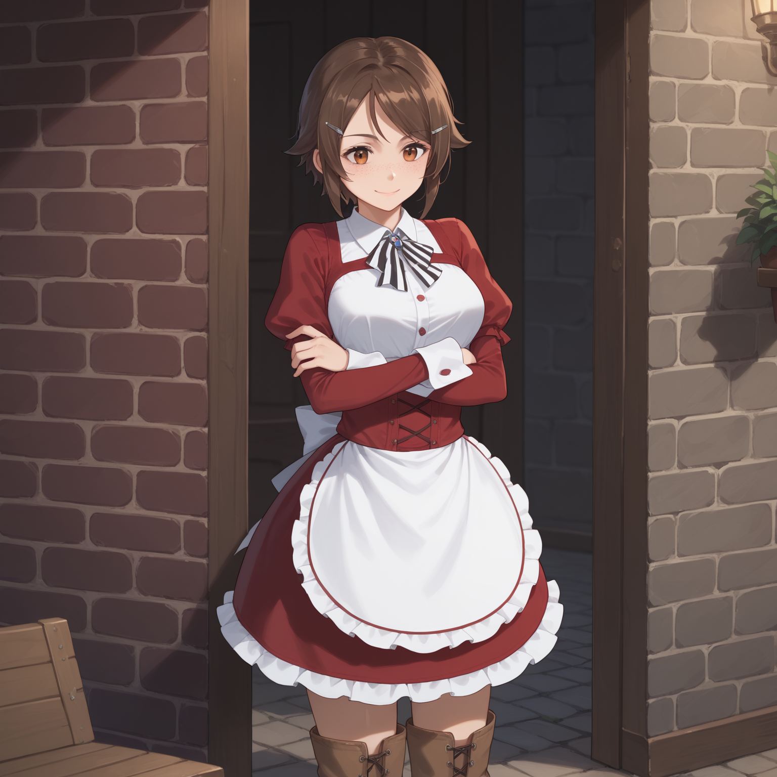 score_9, score_8_up, score_7_up, score_6_up, source anime, 1girl, solo, <lora:Lisbeth-Rika Shinozaki - Sword Art Online-000005:1>, solo, LisShino, short hair, freckles, brown hair, hairclip, medium breasts, striped bow, red dress, long sleeves, waist apron, thigh strap, brown footwear, knee boots, medieval, shop, against wall, smile, crossed arms, cowboy shot,