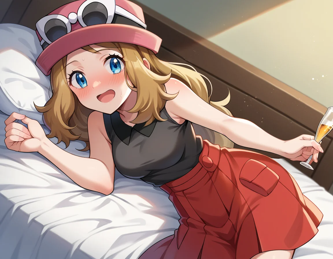 score_9, score_8_up, score_7_up, source_anime,
pokemonserena, <lora:pokemon-serena-ponyxl-lora-nochekaiser:1>
serena, long hair, blue eyes, brown hair,
eyewear on head, hat, skirt, sunglasses, shirt, black shirt, sleeveless, red skirt, pink hat,
indoors, bed, bed room, on side, blush, drunk,
looking at viewer, cowboy shot, dutch angle,