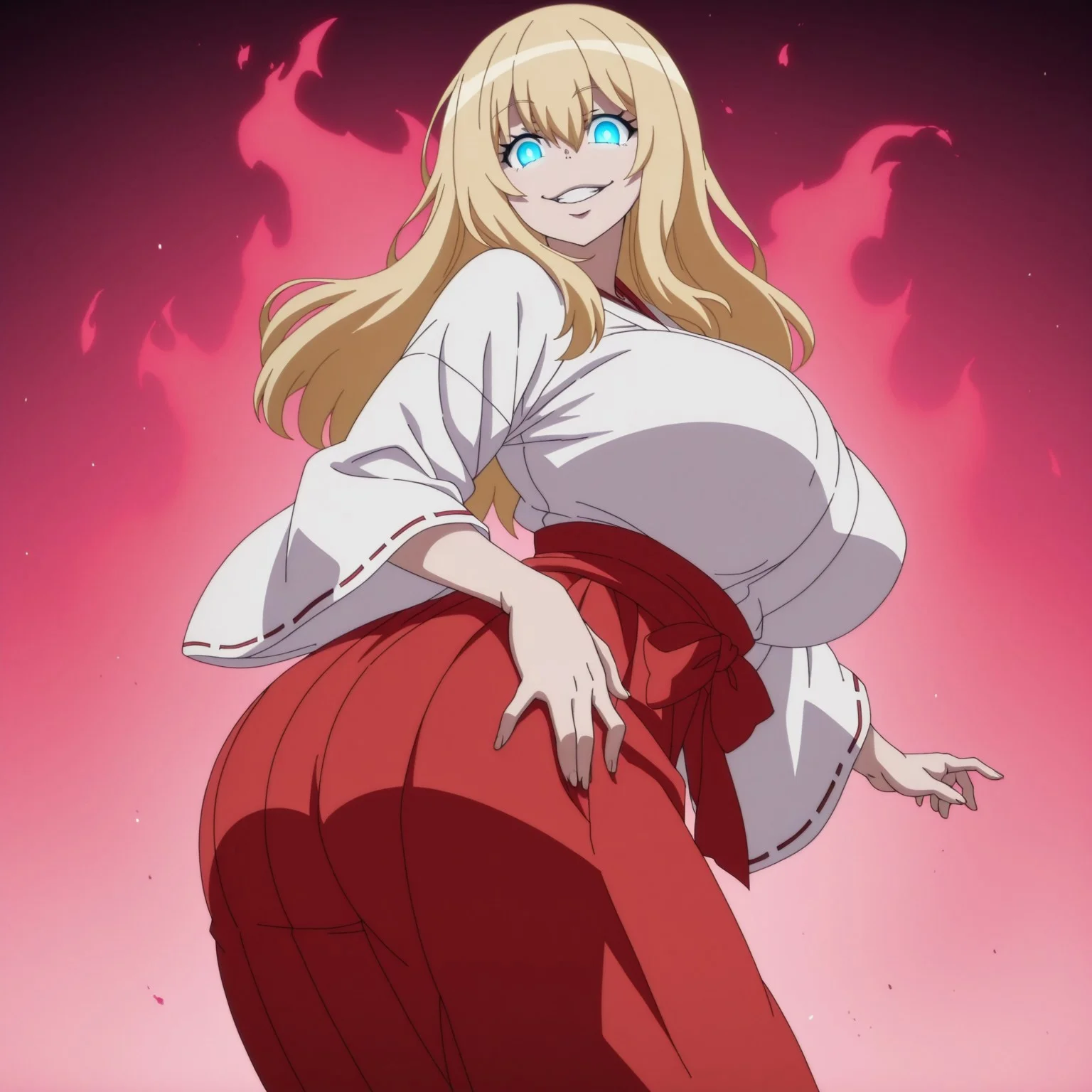 lazypos,anime screencap, 1girl, naughty smile, grin,
PillarAmaterasu, blonde hair, blue eyes, long hair, fire, wide hips, miko outfit, japanese temple, huge breast, (glowing eyes, sunny, twisted torso:1, japanese bacground)