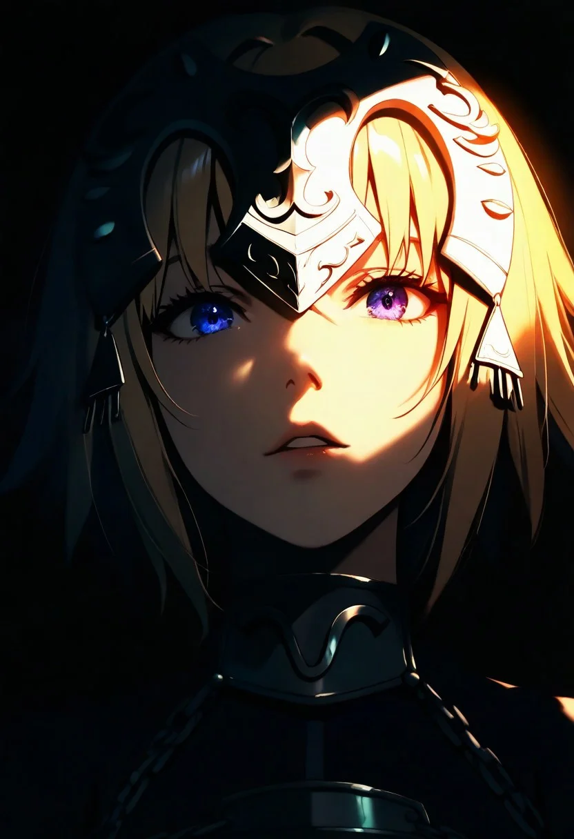 1girl, jeanne d'arc, solo, dark, light, the light illuminates part of the face, masterpiece, best quality, very aesthetic, close up,  parted lips