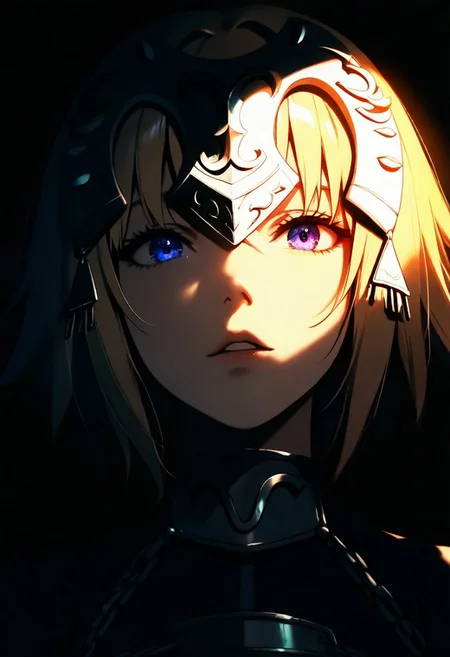 1girl, jeanne d'arc, solo, dark, light, the light illuminates part of the face, masterpiece, best quality, very aesthetic, close up, parted lips