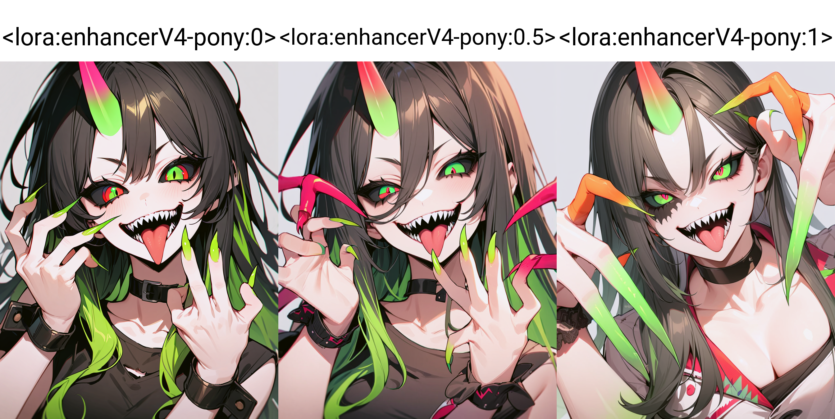 masterpiece,best quality,very aesthetic,absurdres,1girl,black choker,black hair,black sclera,choker,colored sclera,fingernails,green eyes,green horns,green nails,grey background,horns,long fingernails,long hair,mismatched sclera,nail polish,open mouth,sharp fingernails,sharp teeth,simple background,single horn,smile,solo,teeth,tongue,tongue out,transformation,upper body,wrist cuffs,<lora:enhancerV4-pony:0>,