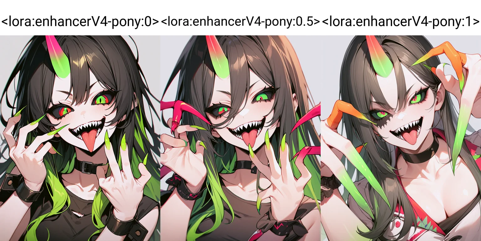 masterpiece,best quality,very aesthetic,absurdres,1girl,black choker,black hair,black sclera,choker,colored sclera,fingernails,green eyes,green horns,green nails,grey background,horns,long fingernails,long hair,mismatched sclera,nail polish,open mouth,sharp fingernails,sharp teeth,simple background,single horn,smile,solo,teeth,tongue,tongue out,transformation,upper body,wrist cuffs,<lora:enhancerV4-pony:0>,