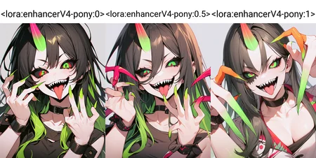 masterpiece,best quality,very aesthetic,absurdres,1girl,black choker,black hair,black sclera,choker,colored sclera,fingernails,green eyes,green horns,green nails,grey background,horns,long fingernails,long hair,mismatched sclera,nail polish,open mouth,sharp fingernails,sharp teeth,simple background,single horn,smile,solo,teeth,tongue,tongue out,transformation,upper body,wrist cuffs,<lora:enhancerV4-pony:0>,