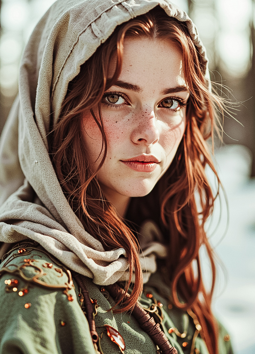 A mystical forest druidess, Extreme Upper Body Closeup Portrait, Vibrant amber and earthy green color graded. Her face, framed by a loosely draped linen hood, is illuminated by soft, diffused light that highlights her delicate features. Freckles dot her youthful yet weathered skin, telling stories of her bond with the wilds, while a subtle, satisfied smile graces her lips, exuding confidence and calm. Her piercing eyes, shaded slightly by the oversized hood, shimmer with an earthy warmth that draws you in. Strands of unkempt auburn hair peek from beneath the hood, blending seamlessly with her natural surroundings. The intricate details of her attire feature a chest piece adorned with organic patterns resembling vines and leaves, crafted from translucent amber and dark green materials. The snowy, shadowy forest backdrop contrasts beautifully with the druidessâs radiant and enchanting presence. <lora:Elden_Ring_-_Yoshitaka_Amano.safetensors:1.0>, <lora:aiai-Glimra-Flux-Dev-v2.safetensors:0.5>,  <lora:Movie_Portrait.safetensors:0.8>,  <lora:- Flux1 - soothing_atmo_V2.0.safetensors:0.4>,  <lora:lith_mimosa_kiel_grw134_FLUX.safetensors:0.7>, <lora:Instant camera portrait photography V2.0.safetensors:0.5>,
